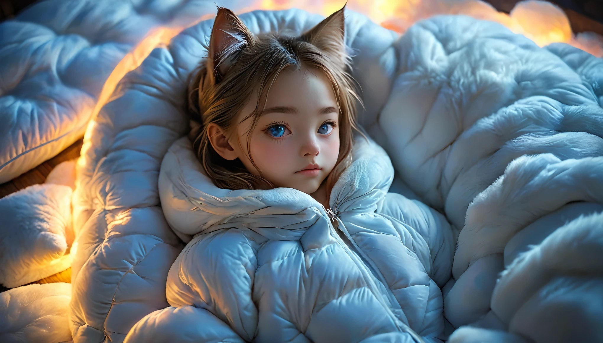 Top Quality, Masterpiece, High Resolution, 8k, (young straight legal girl in a bodysuit, with cat ears, a collar, lying in an open sleeping bag made of down fabric, wide neckline, deep neckline), (small perky breasts, beautiful detailed eyes, beautiful detailed lips, small closed mouth, extremely detailed face, long ponytail hair, small hips), intricate details, at night, backlit, full body shot, view from distance 