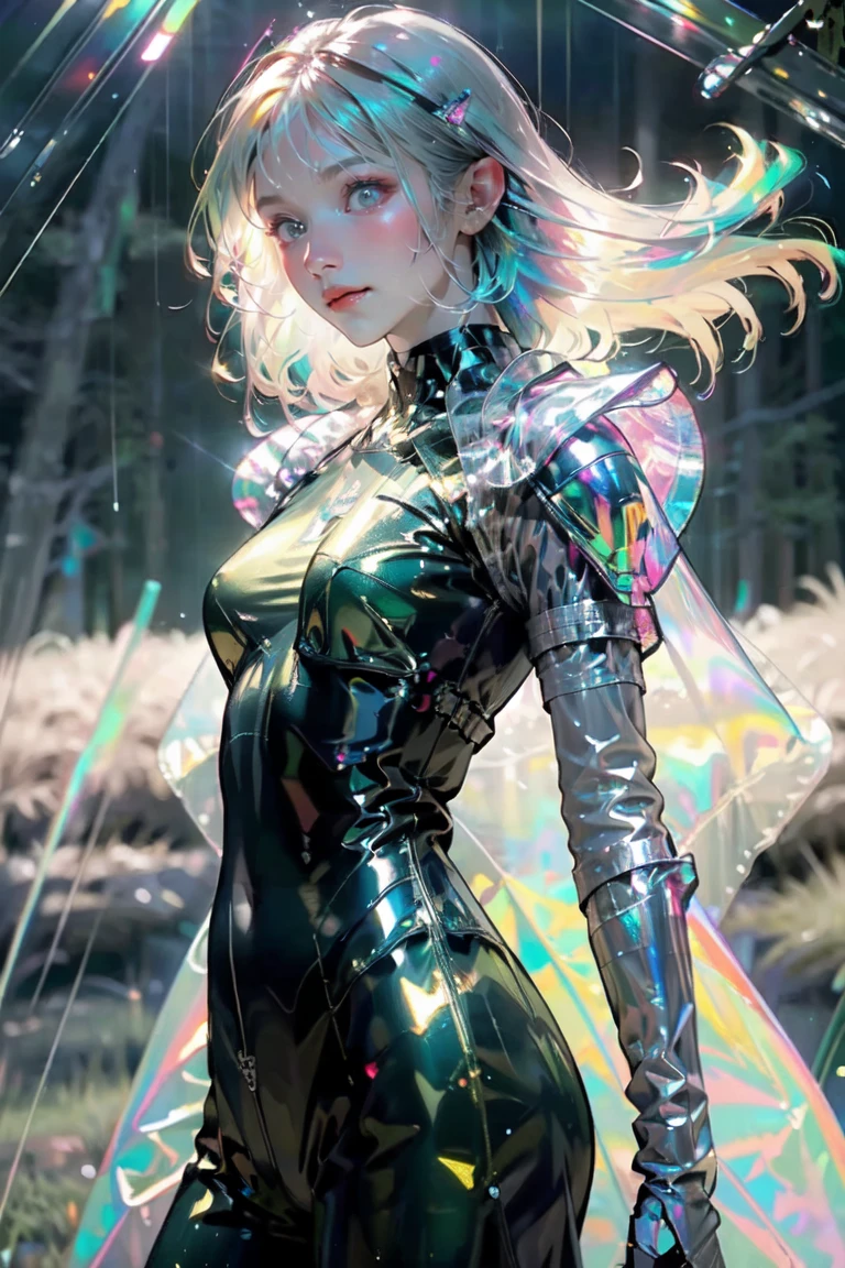 fluorescent color, 1 person, androgynous, transparent iridescent armor, ((masterpiece)), ((dark ambience)), ((deep green forest)), (((fantasy))), rain drops, big clouds, (scenery)