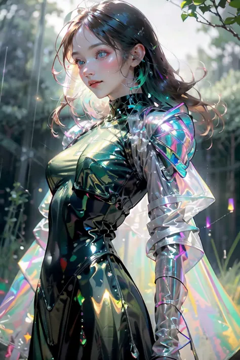 fluorescent color, 1 person, androgynous, transparent iridescent armor, ((masterpiece)), ((dark ambience)), ((deep green forest)...