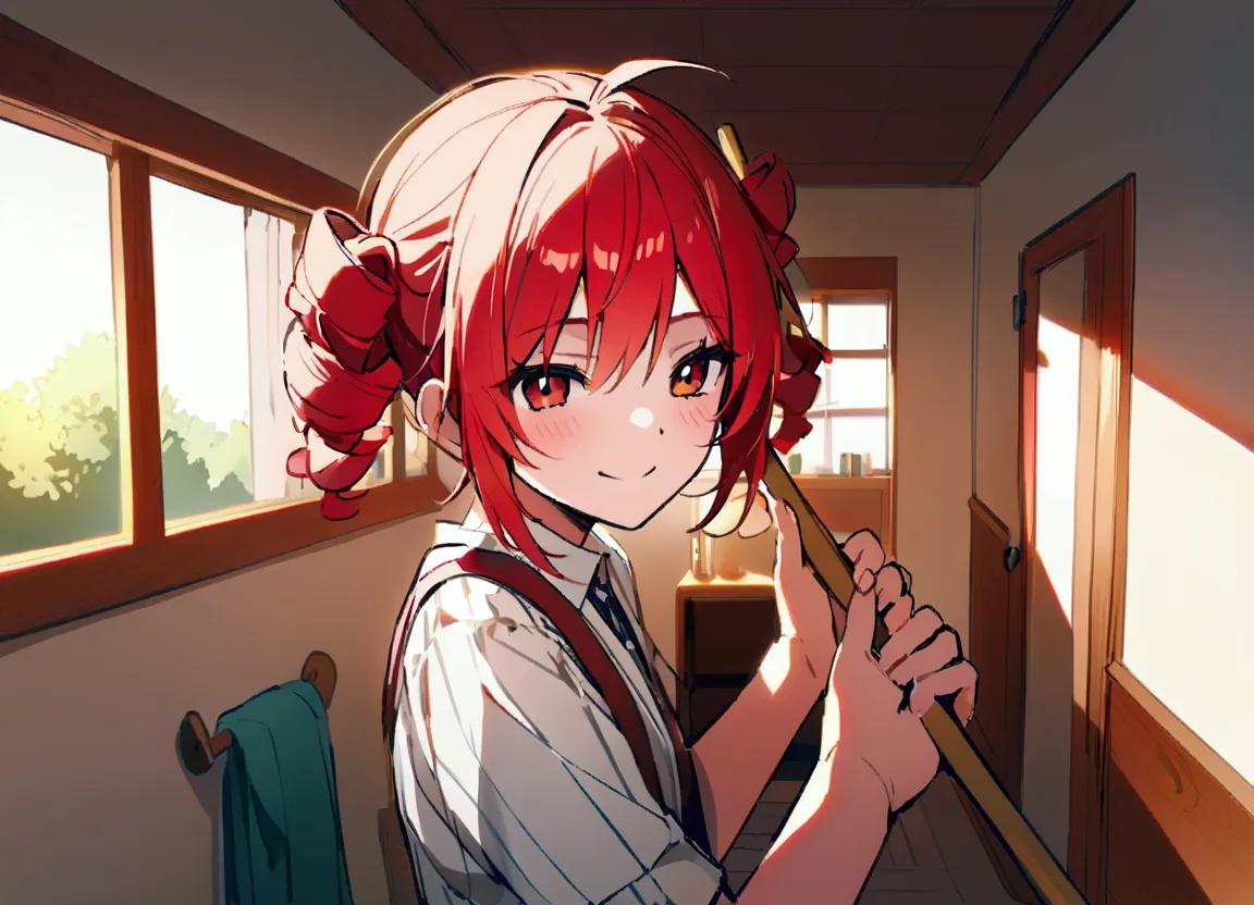 red hair, smiling, holding broom, in room,enjoy