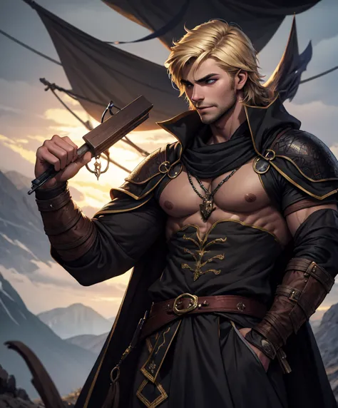 (((single character image.))) (((1boy))) (((dressed in medieval fantasy attire.)))  (((generate a darkly handsome male character...