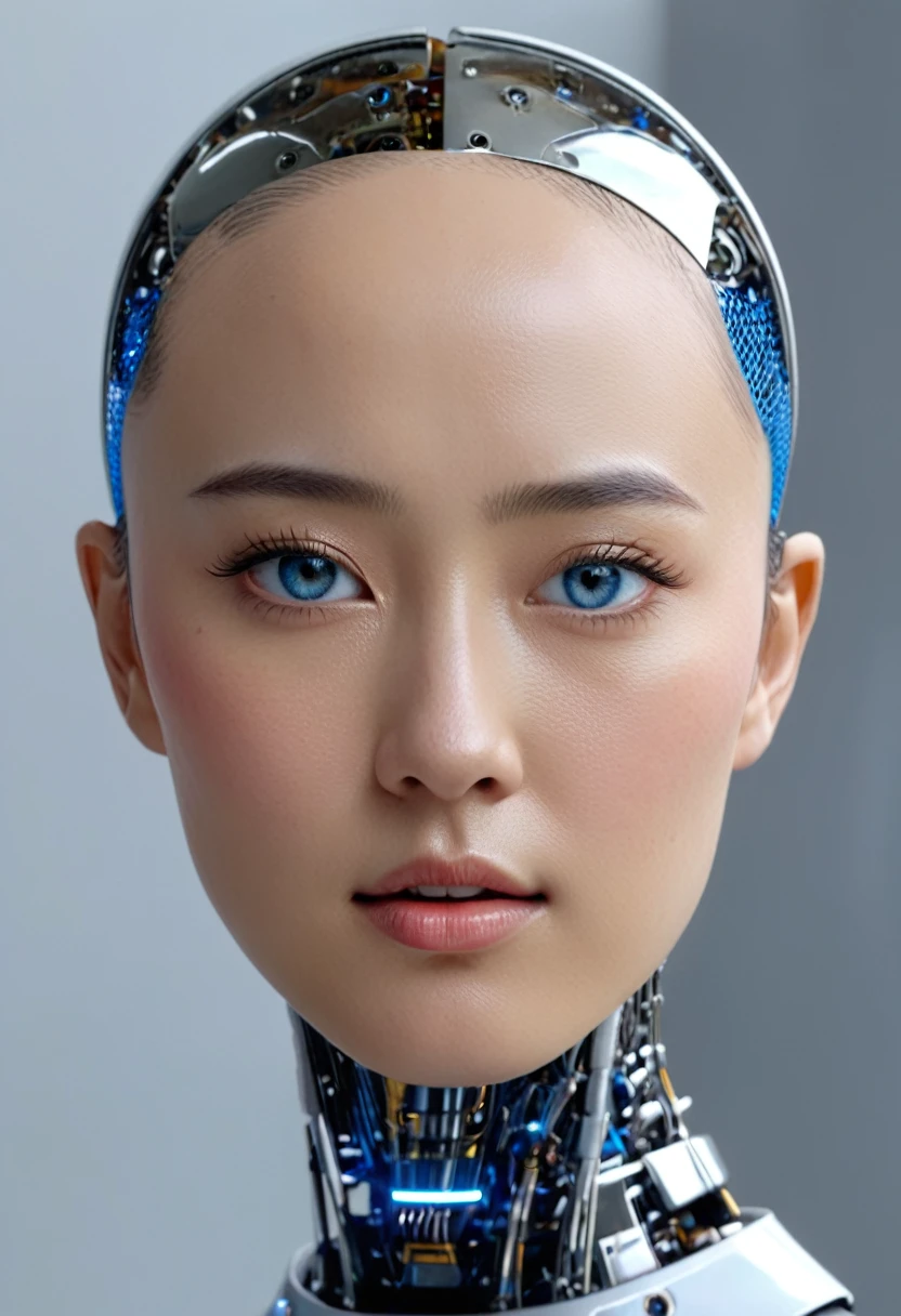 Top quality 8K ultra high definition work, masterpiece: 1.3, sharp focus: 1.2. One robot, the face is a human woman. complex 3d render ultra detailed of a beautiful porcelain skin head asian girl with blue eyes profile android face, Facing the camera、cyborgs, roboticparts, 150mm, beautiful studio soft light Go to top, Hyper Realistic, anatomically, 