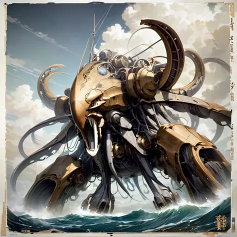 a giant mechanical squid made of steel that fights in the raging sea.