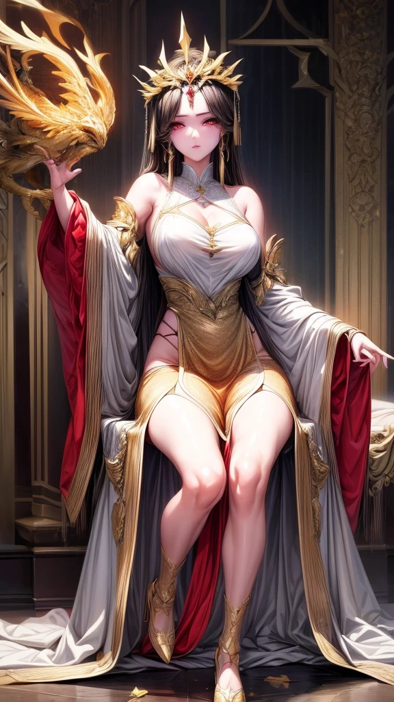 ((masterpiece, best quality)), Delicate face, Character Design Sheet，Whole body love, Rich in details, Multiple poses and expressions, Very detailed, depth, Many parts，beautiful girl，Light，发Light，Red and Gold，Phoenix decoration，Gauze，Lace，lace pantyhose，High heel