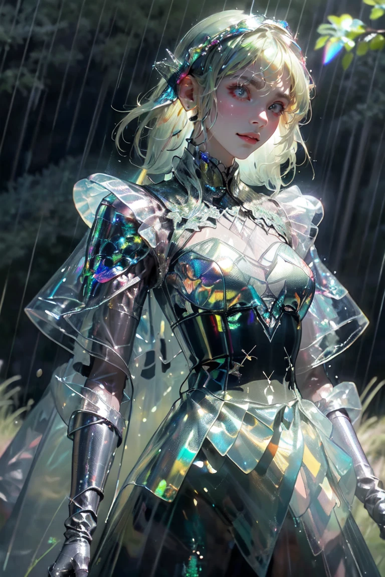 fluorescent color, 1 person, androgynous, transparent iridescent armor, ((masterpiece)), ((dark ambience)), ((deep green forest)), (((fantasy))), rain drops, big clouds, (scenery)