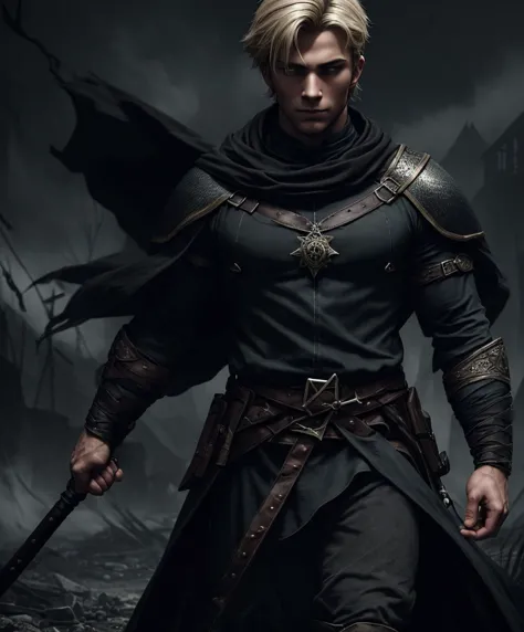 (((single character image.))) (((1boy))) (((dressed in medieval fantasy attire.)))  (((generate a darkly handsome male character...