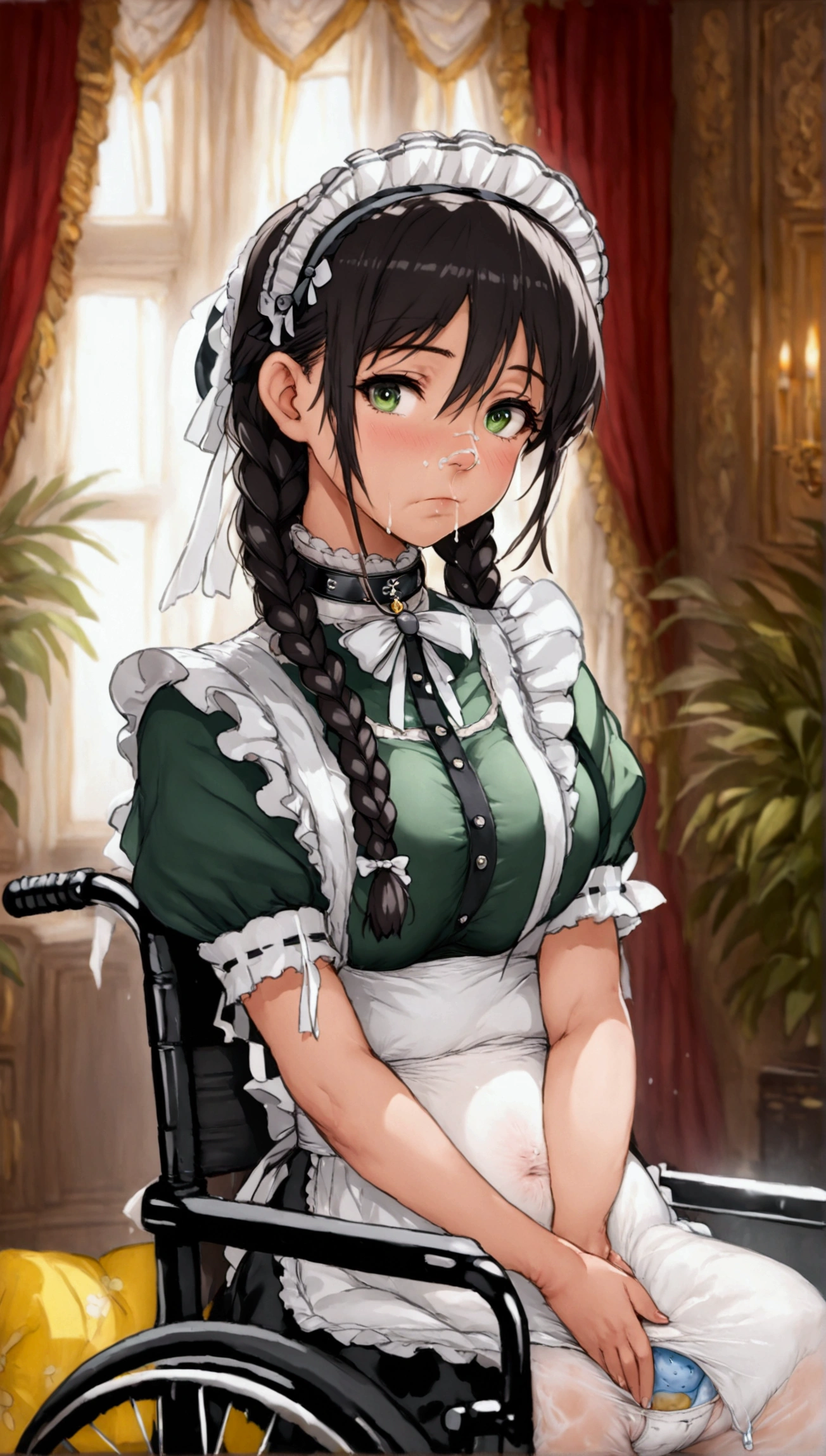 Anime. 1 girl. Slave. Housemaid. Disabled person. Ssbbw. Amputee. Armless. Legless. Black hair. Long hair. Hair gathered in braids. Green eyes. Beautiful eyes. Perfect eyes. Expressive eyes. Beautiful nose. Snotty nose. Snot flows from the nose. Very thick body. The arms were amputated at the elbows. Very thick hands. The legs were amputated at the knees. Very thick legs. Big fat belly. Big fat butt. Big breasts. Beautiful breasts. slave collar. Maid uniform. Diaper. Dirty diaper. Diaper mess. Sitting. Full height. Wheelchair. Living room of a luxury mansion. Cold. Runny nose. Nasal mucus. Snot. Wants to sneeze. I have to sneeze. Sneezes. Sneezes with snot. Snot comes out of your nose when you sneeze. Poops diarrhea in diaper. Full body. Extremely detailed CG Unity 8k wallpaper. Ideal lighting. Ultra high resolution 4K. Super detailed 8K resolution.