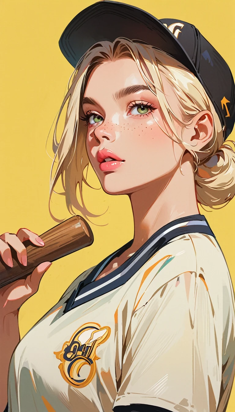 (masterpiece、Highest quality: 1.2)、1 girl、Lonely、Anime Style、Blonde、Pink Lips、Freckles、Baseball cap、Baseball Uniforms、In the style of a leading portraitist、Yellow background。Holding a wooden bat、whole body