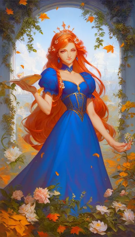 Aarav woman in blue dress I have flowers in my hair., Alphonse Muya and Rossdraws, Artwork in the style of gouache, palace ， gir...