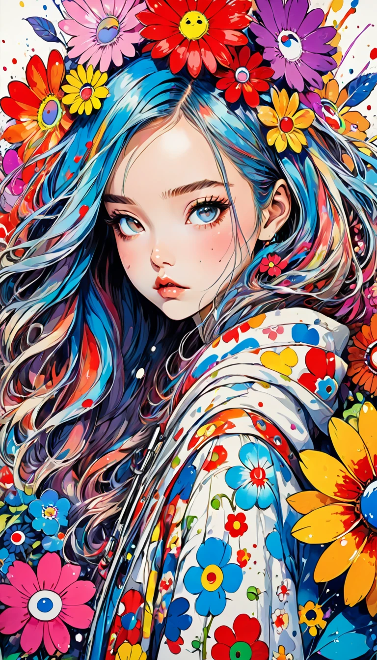 À la manière de Takashi Murakami、Qualité 8k、aquarelle intense, Aquarelle détaillée, Éclaboussure d&#39;aquarelle, surréaliste, Avant-garde pop art, Des peintures belles et expressives, Belle illustration d’œuvre d’art, des tons très colorés, merveilleux, beauté cool, la plus haute qualité、art officiel, Art vectoriel, design élégant, ((La plus belle fille de tous les temps)), (((la plus haute qualité))), HDR, ((détaillé)), (((Griffonnage)), ((chef-d&#39;œuvre)), ((Super détaillé)), (((Fleurs colorées))), ((Achats)))、(((Beaucoup d&#39;amis)))