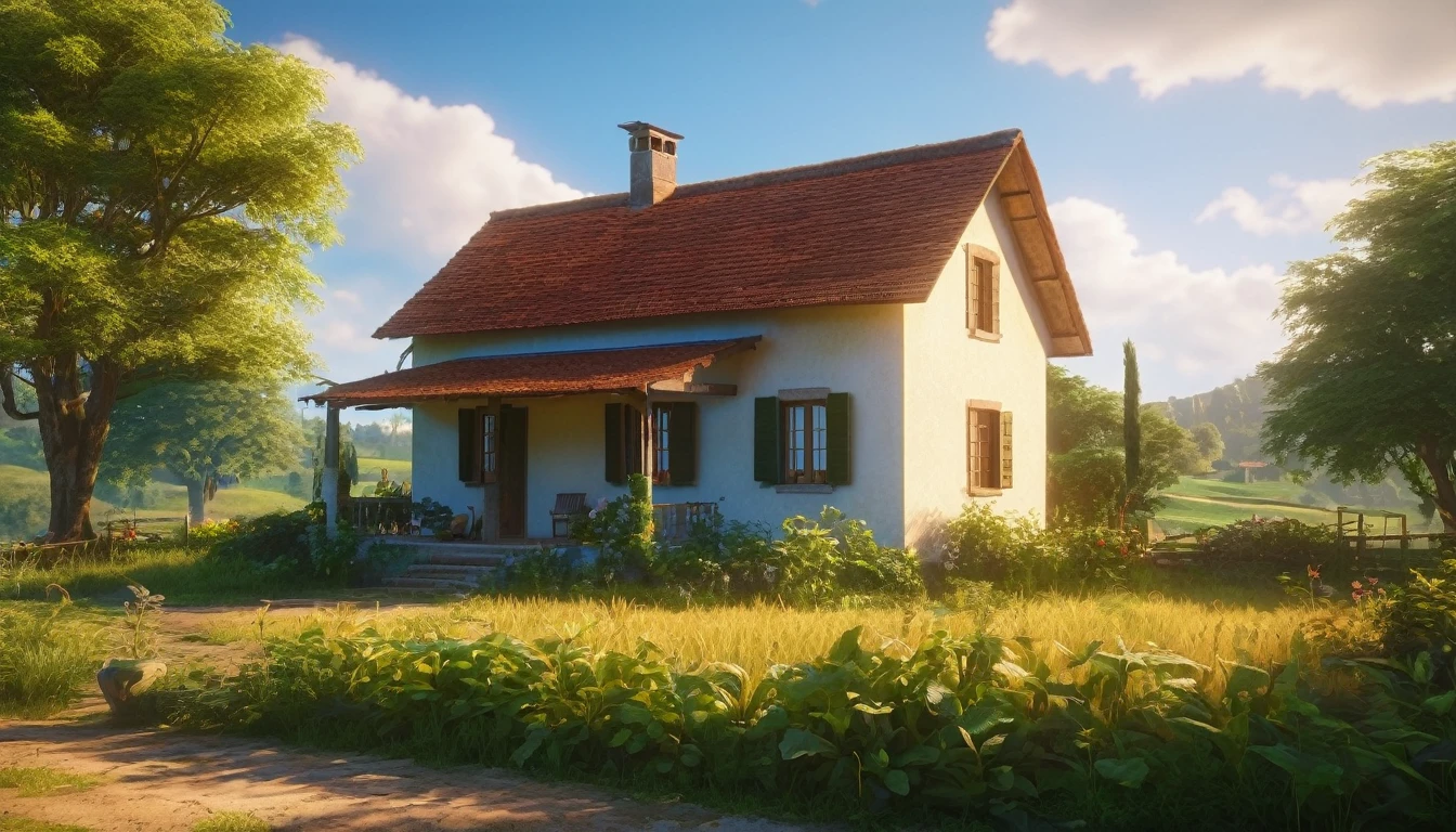 1fille,petite maison de campagne,lumière de l&#39;après-midi,Paysage rural paisible,architecture détaillée,verdure luxuriante,Beau ciel,tons de couleurs chaudes,(Meilleure qualité,4k,8k,haute résolution,chef-d&#39;œuvre:1.2),ultra-détaillé,(Réaliste,photoRéaliste,photo-Réaliste:1.37),paysage très détaillé,éclairage naturel,Ombres douces,atmosphère sereine