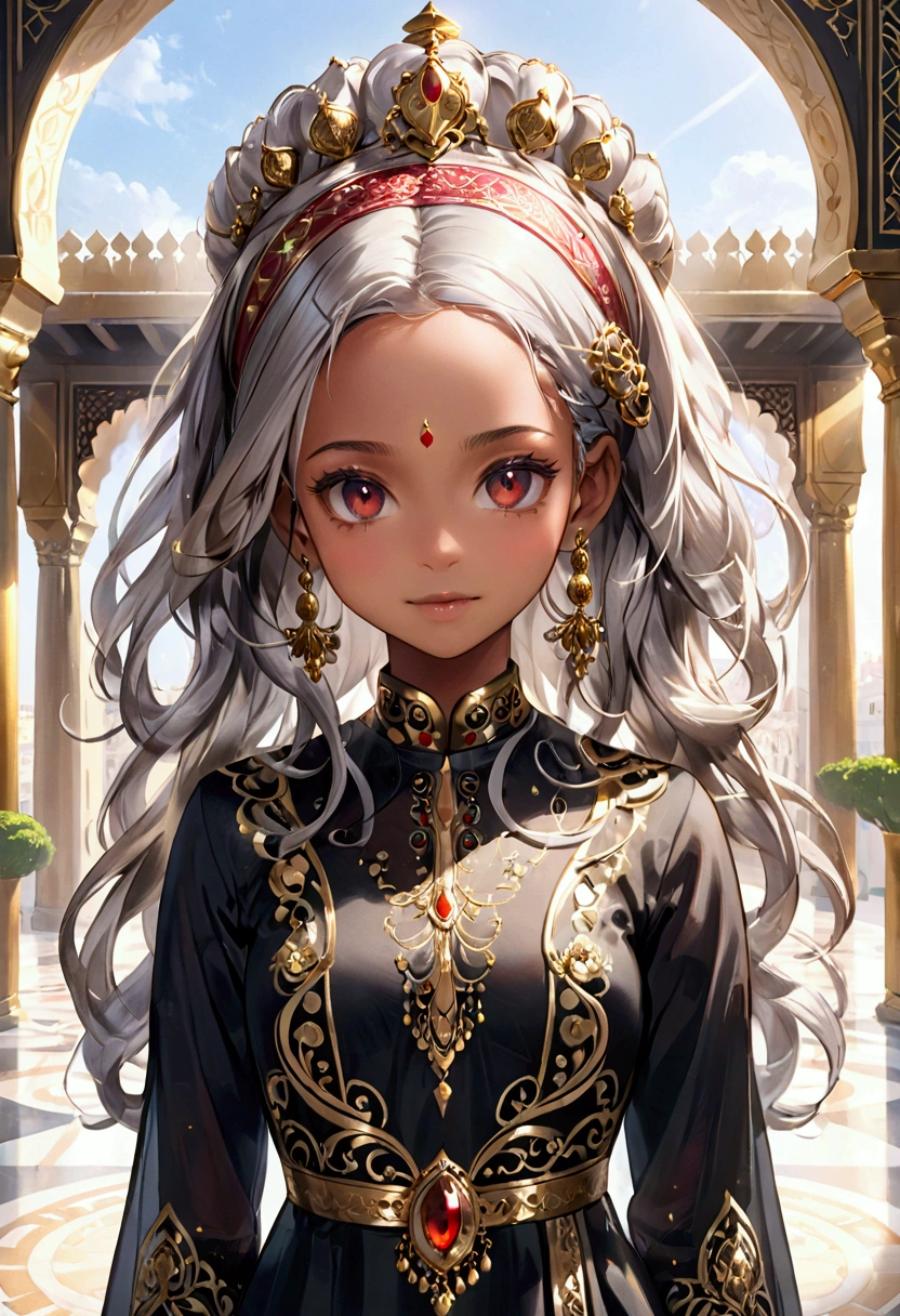 masterpiece,Highest quality,Highest quality,shape,Intricate details,One Girl, Brown Skin, Salwar Kameez,National costume, ((Gray Hair)),Curly Hair,
Red eyes, Written boundary depth, Luxurious Arabian palace, Nice, Anime Style, Make your face beautiful, Anatomically correct, whole,fullbody shot, Clear Shadows