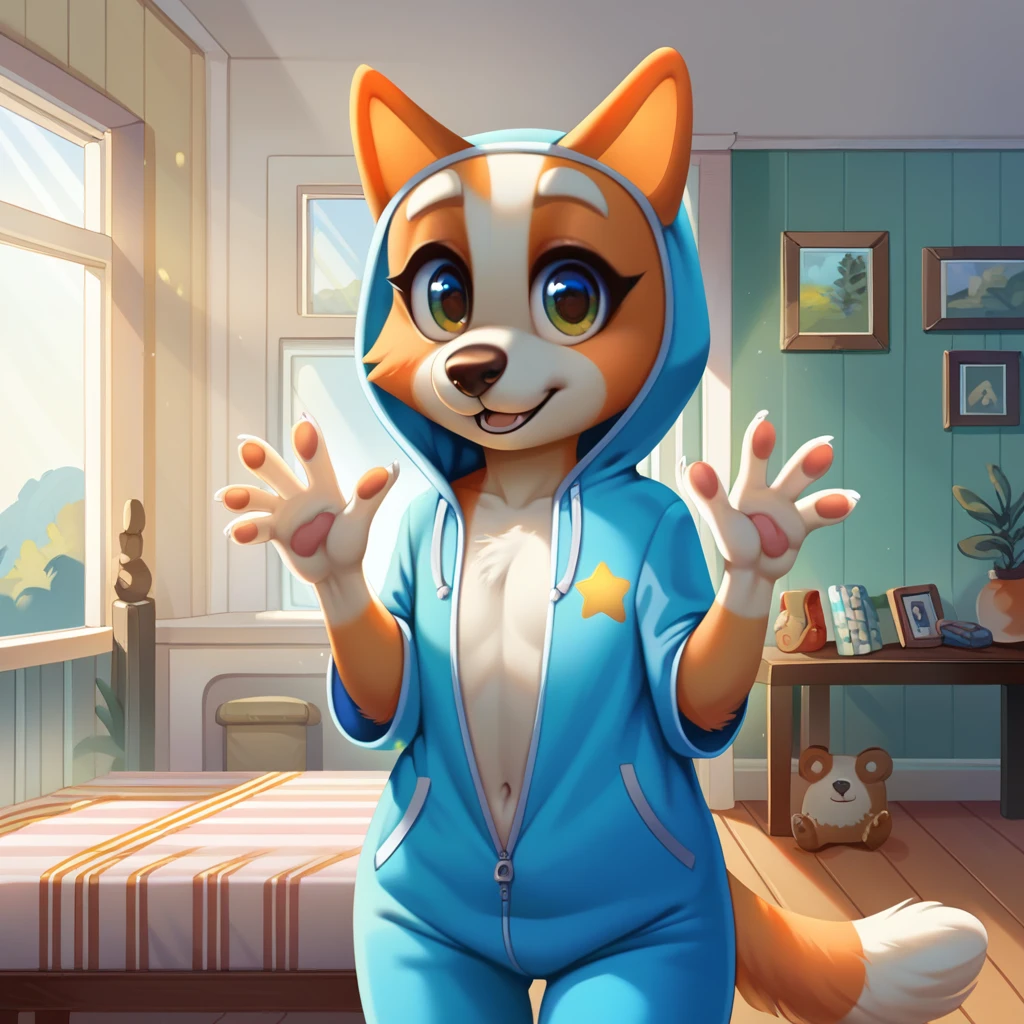 score_9, score_8_up, score_8, 1girl, 18 years old, source_cartoon, source_furry, blueyxl, bingo heeler, (boxchibi:0.8), cowboy shot, anthro, furry, tail, orange body, animal ears, flat shaded background, indoors, curvy, , detailed fur texture, nude, flat chest, onesie, slim, looking at viewer, at night, dark atmosphere