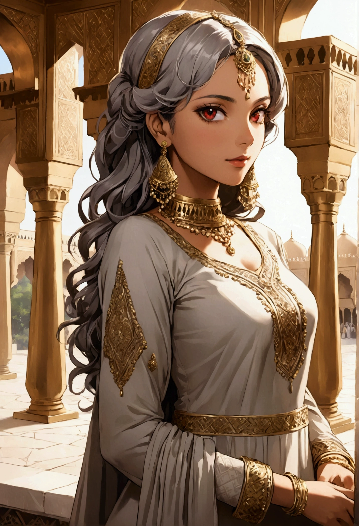 masterpiece,Highest quality,Highest quality,shape,Intricate details,One Girl, Brown Skin, Salwar Kameez,National costume, ((Gray Hair)),Curly Hair,
Red eyes, Written boundary depth, Luxurious Arabian palace, Nice, Anime Style, Make your face beautiful, Anatomically correct, whole,fullbody shot, Clear Shadows