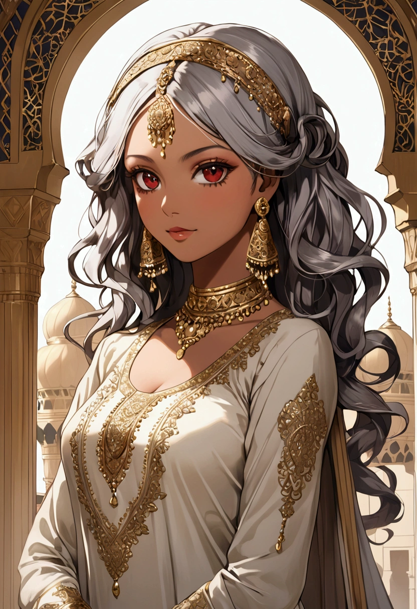 masterpiece,Highest quality,Highest quality,shape,Intricate details,One Girl, Brown Skin, Salwar Kameez,National costume, ((Gray Hair)),Curly Hair,
Red eyes, Written boundary depth, Luxurious Arabian palace, Nice, Anime Style, Make your face beautiful, Anatomically correct, whole,fullbody shot, Clear Shadows