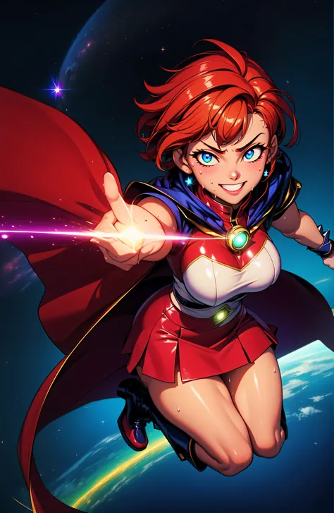 better fist, hand, Digital painting of flying fresh girl with royal white mixed red middle short hair, super hero, muscle girl, ...