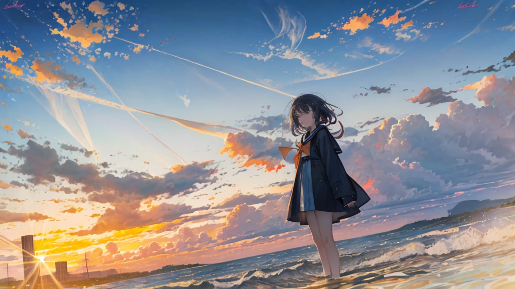 (masterpiece, highest quality:1.2), highest quality, masterpiece, high resolution, anime style, Skyscape, ultra detailed, Skyscape illustration, realistic, super wide sky, sky as far as the eye can see, sea of clouds, morning glow, Orange-tinged gradient sky, Telephone poles penetrating the clouds, Large number of poles, Unrealistic, horizon, morning sky, coverd in the cloud