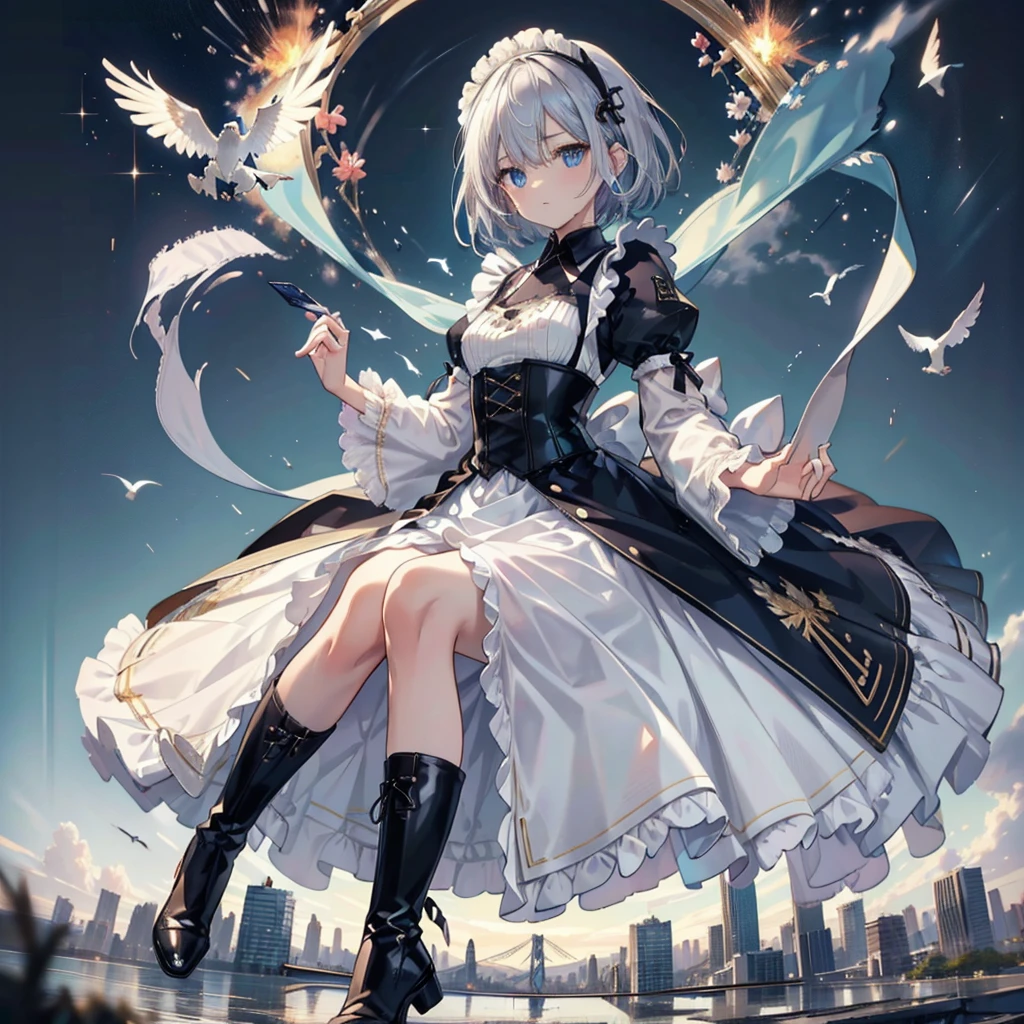 (masterpiece:1.6, Highest quality), (Fine and beautiful eyes: 1.2), Fiami, Yaminor, Ranpura, One girl, Flower Field, White Dress, planet, Starry Sky, petal, scenery, Floating Hair, night, No sleeve, Sun skirt, No sleeve dress, Illustration of one person, Dengeki Bunko, Woman Looking Back, Perfect Human Medicine, Woman keeps falling, {{{{{Maid clothes}}}}},Small Tits,anime, Two legs, Cool,{{{{{50 year old woman}}}}} ,{{{{{a person is depicted}}}}},(Official Art、{{{{{Upper Bodyアングル}}}}},Highest quality、Unity 8k wallpaper、32k、masterpiece、Ultra-detailed、Ultra-high resolution, Realistic、Grab your hair with your hands, Photorealistic:1.2)、(Cinema Lighting:1.2)、,Fire Glow Effect、The most grainy shadows on the film、Rim Light、Side light、Side Shot、(Ultra-detailedで複雑な3Dレンダリング)、Very short hair, Short wolf hair,細部までBeautiful Faceと目、Sharp pupils、Realistic生徒、Slender、Highly detailed background、Beautiful Face、Beautiful 16 year old girl、(Ultra-detailedなスキン、Detailed skin texture:1.Silver Hair:1.3)、Blunt bangs、blue eyes、{{{{{黒いMaid clothes}}}}}、White apron costume、Black knee socks、(Thighs Thighs Thighs Thighs:0.8)、Dancing on the Tower Roof、(avert your eyes、Overlooking the city:1.3)、Fantastic、Close your mouth and bite, Makes your face smaller, (Tabletop), Highest quality, Perfect Face, 1 Girl, alone, Eye color is light blue, Hair between the eyes, Very Short Hair, blue eyes, Silver Hair, Knee-high boots, corset,Black gloves, Long sleeve, Upper Body, Light and multiple flying birds,