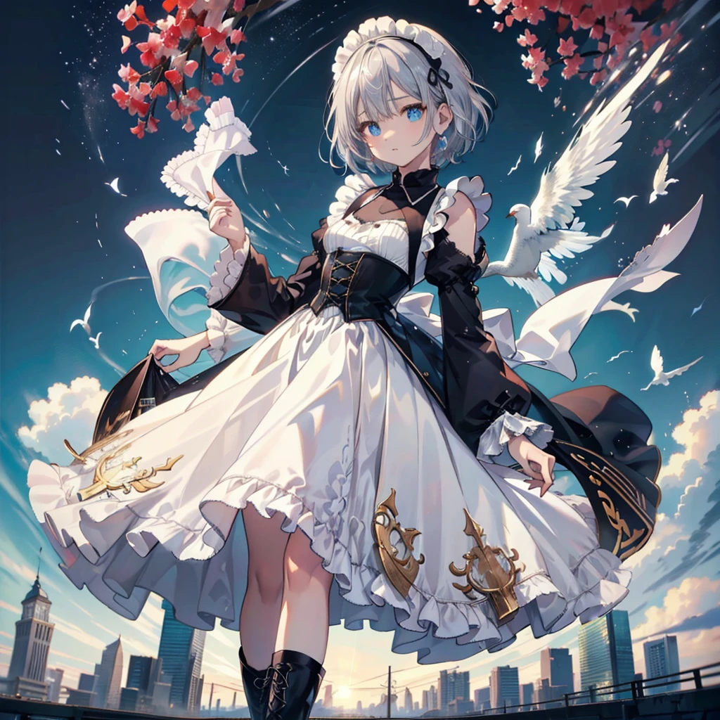 (masterpiece:1.6, Highest quality), (Fine and beautiful eyes: 1.2), Fiami, Yaminor, Ranpura, One girl, Flower Field, White Dress, planet, Starry Sky, petal, scenery, Floating Hair, night, No sleeve, Sun skirt, No sleeve dress, Illustration of one person, Dengeki Bunko, Woman Looking Back, Perfect Human Medicine, Woman keeps falling, {{{{{Maid clothes}}}}},Small Tits,anime, Two legs, Cool,{{{{{50 year old woman}}}}} ,{{{{{a person is depicted}}}}},(Official Art、{{{{{Upper Bodyアングル}}}}},Highest quality、Unity 8k wallpaper、32k、masterpiece、Ultra-detailed、Ultra-high resolution, Realistic、Grab your hair with your hands, Photorealistic:1.2)、(Cinema Lighting:1.2)、,Fire Glow Effect、The most grainy shadows on the film、Rim Light、Side light、Side Shot、(Ultra-detailedで複雑な3Dレンダリング)、Very short hair, Short wolf hair,細部までBeautiful Faceと目、Sharp pupils、Realistic生徒、Slender、Highly detailed background、Beautiful Face、Beautiful 16 year old girl、(Ultra-detailedなスキン、Detailed skin texture:1.Silver Hair:1.3)、Blunt bangs、blue eyes、{{{{{黒いMaid clothes}}}}}、White apron costume、Black knee socks、(Thighs Thighs Thighs Thighs:0.8)、Dancing on the Tower Roof、(avert your eyes、Overlooking the city:1.3)、Fantastic、Close your mouth and bite, Makes your face smaller, (Tabletop), Highest quality, Perfect Face, 1 Girl, alone, Eye color is light blue, Hair between the eyes, Very Short Hair, blue eyes, Silver Hair, Knee-high boots, corset,Black gloves, Long sleeve, Upper Body, Light and multiple flying birds,