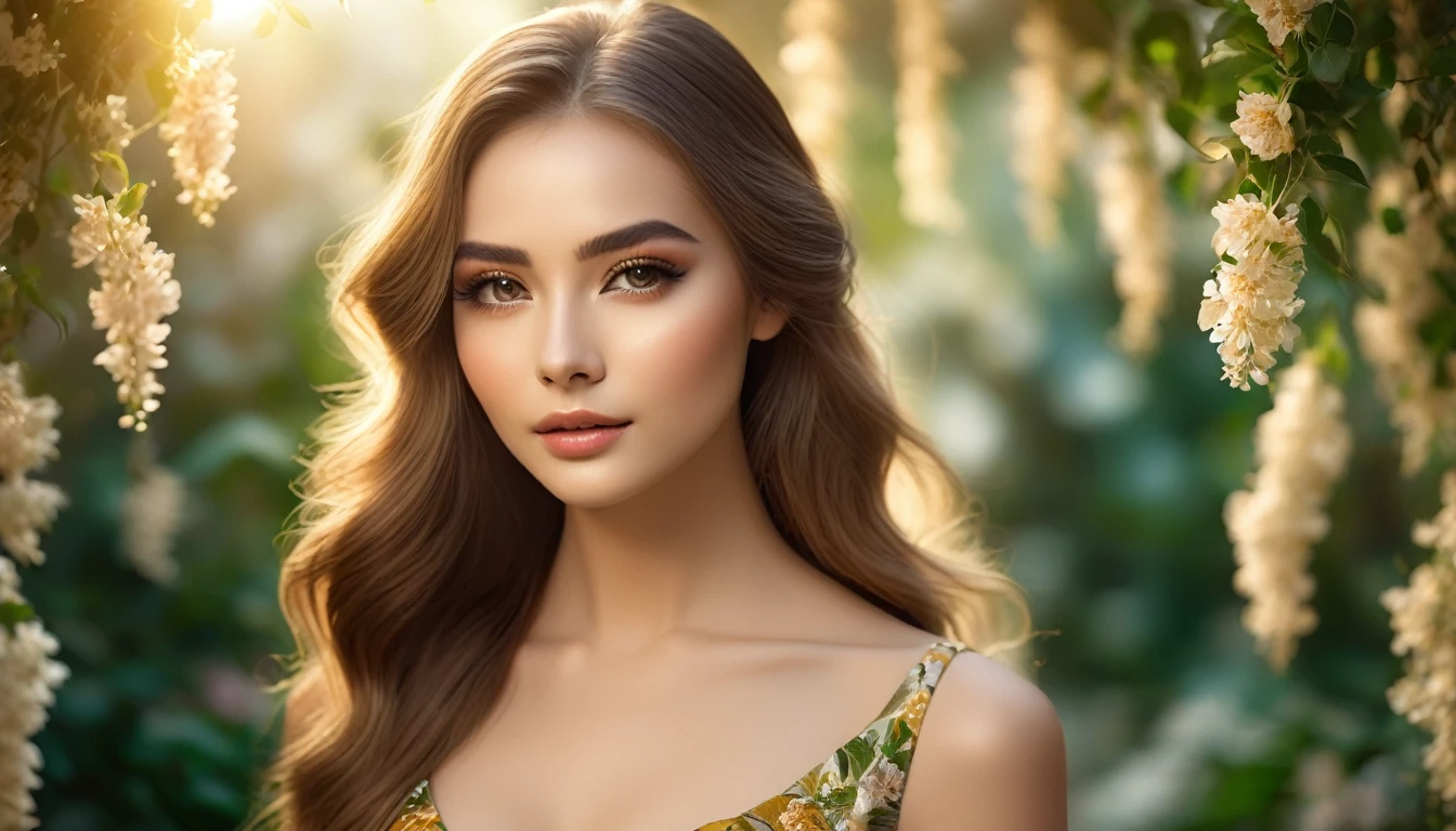 a beautiful young woman, perfect hourglass figure, long flowing hair, serene facial expression, elegant pose, ethereal garden setting, golden sunlight, lush green foliage, soft bokeh background, delicate flower petals, (best quality,4k,8k,highres,masterpiece:1.2),ultra-detailed,(realistic,photorealistic,photo-realistic:1.37),detailed face, beautiful eyes, long eyelashes, elegant makeup, graceful movements, flowing dress, intricate floral patterns, warm color tones, gentle lighting, dreamlike atmosphere, highly-detailed character design, cinematic composition