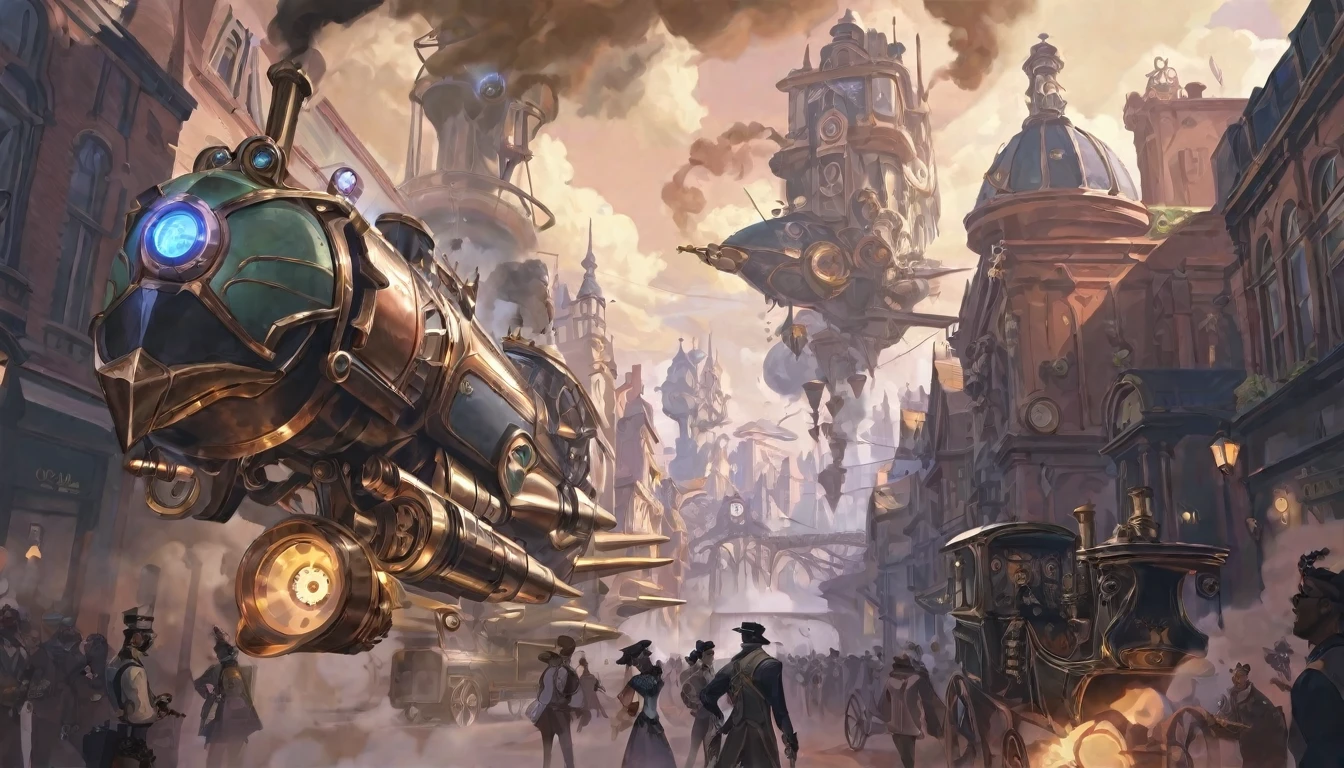 Best aesthetic, Valorant art, A breathtaking steampunk cityscape with towering buildings adorned with gears and steam pipes, airships floating in the sky, and a bustling street filled with people wearing Victorian-era attire with steampunk accessories. long shot, cinematic, depth of field
