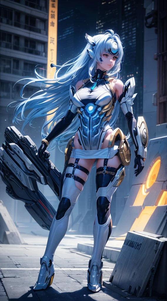 top-quality、​masterpiece、超A high resolution、(Photorealsitic:1.4)、女の子1人、Light blue hair、Straight hair, shiny and clean hair、White shiny skin、Sexy Cyberpunk Girl、((super realistic details))、Shadow、octan render、ultrasharp、hyperdetailed face、Fiberglass、Luminous tube、highly intricate detail、Realistic light、CGSoation Trends、((Golden Eyes))、(Facing the camera)、neon detailechanical limbechanical vertebrae attached to the back、mechanical cervical attaching to neck、Wires and cables connecting to the head、((valkyrie))、((Beam Cannon))、Combat stance