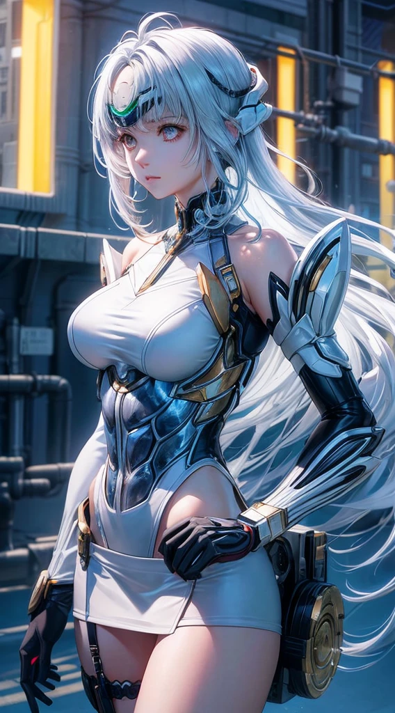 top-quality、​masterpiece、超A high resolution、(Photorealsitic:1.4)、女の子1人、Light blue hair、Straight hair, shiny and clean hair、White shiny skin、Sexy Cyberpunk Girl、((super realistic details))、Shadow、octan render、ultrasharp、hyperdetailed face、Fiberglass、Luminous tube、highly intricate detail、Realistic light、CGSoation Trends、((Golden Eyes))、(Facing the camera)、neon detailechanical limbechanical vertebrae attached to the back、mechanical cervical attaching to neck、Wires and cables connecting to the head、((valkyrie))、((Beam Cannon))、Combat stance