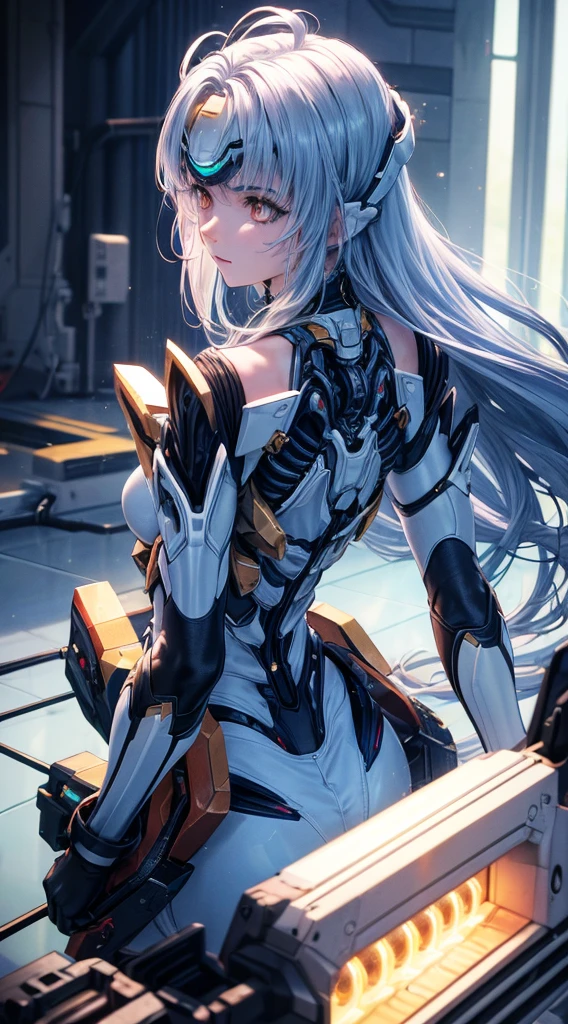 top-quality、​masterpiece、超A high resolution、(Photorealsitic:1.4)、女の子1人、Light blue hair、Straight hair, shiny and clean hair、White shiny skin、Sexy Cyberpunk Girl、((super realistic details))、Shadow、octan render、ultrasharp、hyperdetailed face、Fiberglass、Luminous tube、highly intricate detail、Realistic light、CGSoation Trends、((Golden Eyes))、(Facing the camera)、neon detailechanical limbechanical vertebrae attached to the back、mechanical cervical attaching to neck、Wires and cables connecting to the head、((valkyrie))、((Beam Cannon))、Combat stance