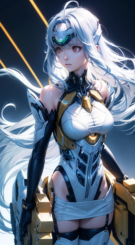 top-quality、​masterpiece、超A high resolution、(Photorealsitic:1.4)、女の子1人、Light blue hair、Straight hair, shiny and clean hair、White shiny skin、Sexy Cyberpunk Girl、((super realistic details))、Shadow、octan render、ultrasharp、hyperdetailed face、Fiberglass、Luminous tube、highly intricate detail、Realistic light、CGSoation Trends、((Golden Eyes))、(Facing the camera)、neon detailechanical limbechanical vertebrae attached to the back、mechanical cervical attaching to neck、Wires and cables connecting to the head、((valkyrie))、((Beam Cannon))、Combat stance