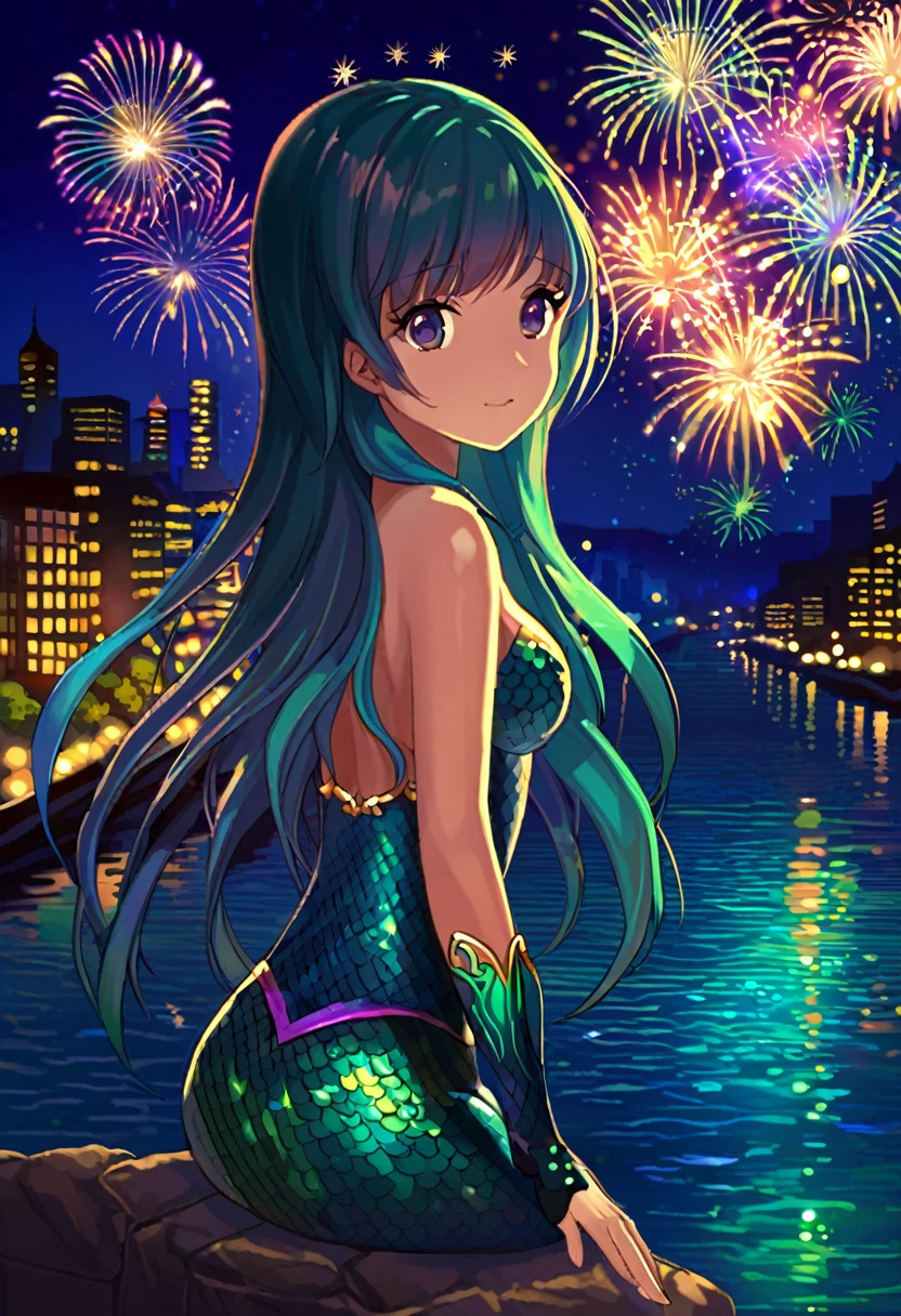 Mermaid girl, city at night, river, fireworks
