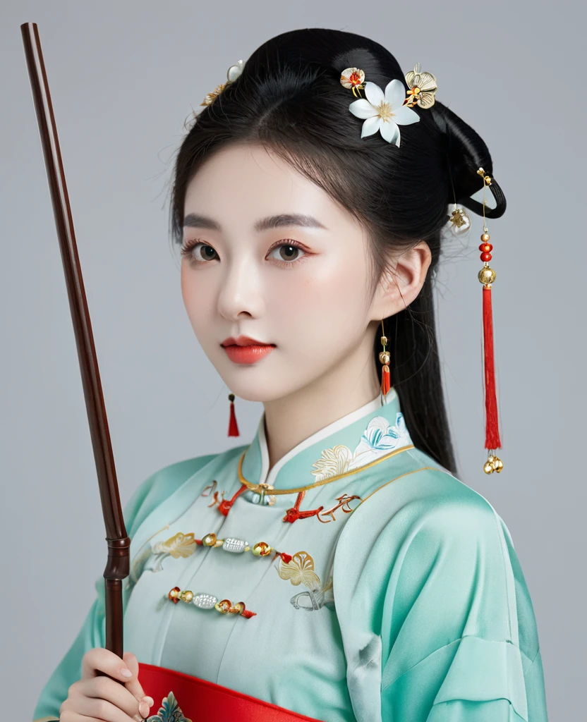 Chinese classical girl portrait，symmetry，Round Face，Bright Eyes，Smooth skin，Chinese Song Dynasty official uniform,egotistical,Official hat，Holding a round fan，Clean background