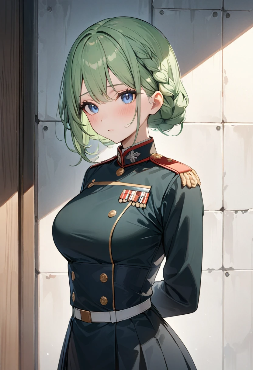 (masterpiece, top quality, very aesthetic, 4k、8ｋ、illustration), intricate detail, 1girl,Standing in front of a wall、(upper body)、clear face、(braid hair)、
Cute 、light green hair、,middle hair,sidelock ,,blue eye、Military uniform、Tight skirt、,medium breasts、Slim 、