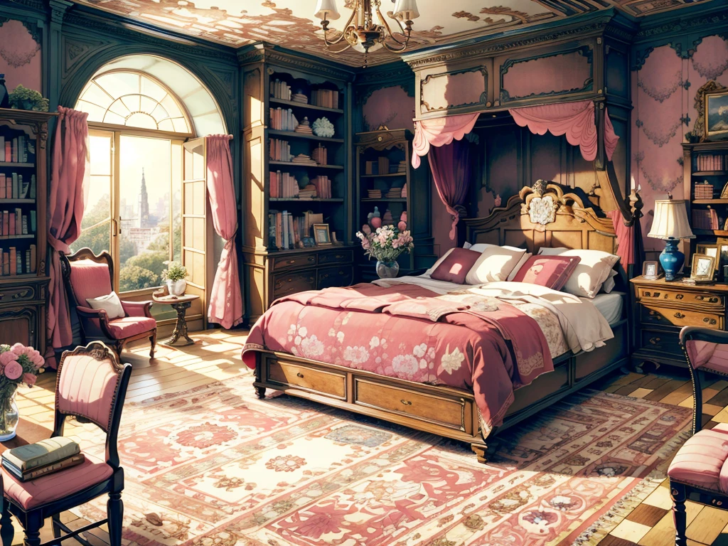 8K picture quality，best quality，masterpiece，HD，Super rich detail，detailed，Cosy bedroom，Big windows，Floor-to-ceiling windows，Big bed，notebook，There is a cabinet next to it，There are chairs，There are flowers，There is a wardrobe，Bookcase bookshelf many books，There is a sofa，There is a table and chairs，There are a lot of books，There was a full queen size bed，The body is very comfortable，extremely clean，Very informative，Big windows，The view from the window，超HD逼真，Pink，