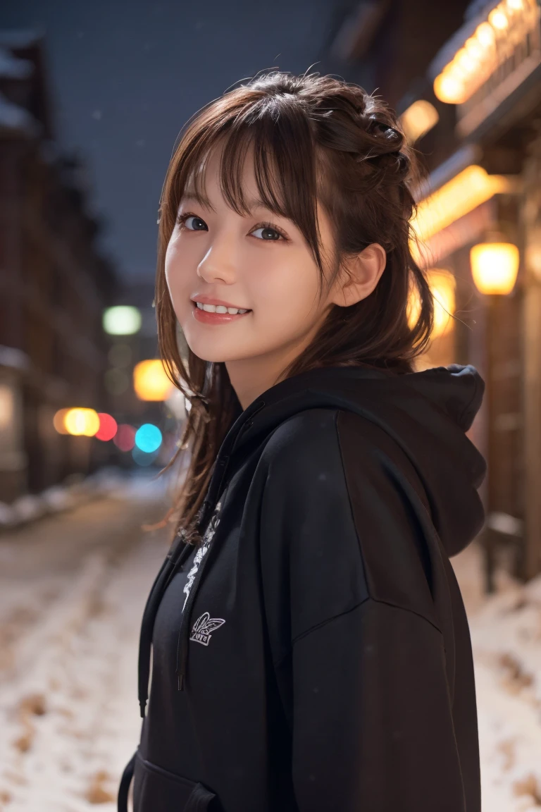 1 Girl, (Wear a black hoodie:1.2), (RAW Photos, highest qualthaty), (Realistic, Realistic:1.4), Tabletop, Very delicate and beautiful, Very detailed, 2k wallpaper, wonderful, finely, Very detailed CG Unthaty 8K 壁紙, Very detailed, High resolution, Soft Light, Beautiful detailed girl, Very detailed目と顔, Beautiful and sophisticated nose, finelyて美しい目, Cinema Lighting, Illuminations that light up the cthaty on a snowy night, Snow Scene, that&#39;that&#39;that&#39;it&#39;s snowing, Snow fell in my hair, Perfect Anatomy, Slender body, Was nervous, 
Straight semi-long hair, bangs, Looking at the audience, smile、Fluffy scarf