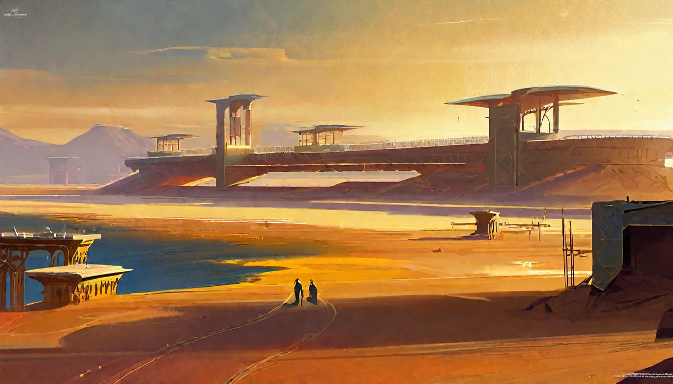 there is a photo of a desert scene with a bridge, Arte conceitual 2D, arte conceitual de pintura digital, dramatic conceptual art, Arte conceitual digital suave, por Sparth, Stefan Koidl inspirado, inspired por Sparth, estilo espartano, artes conceituais, cena de arte conceitual, illustration concept art, science fiction digital painting, pictorial conceptual art