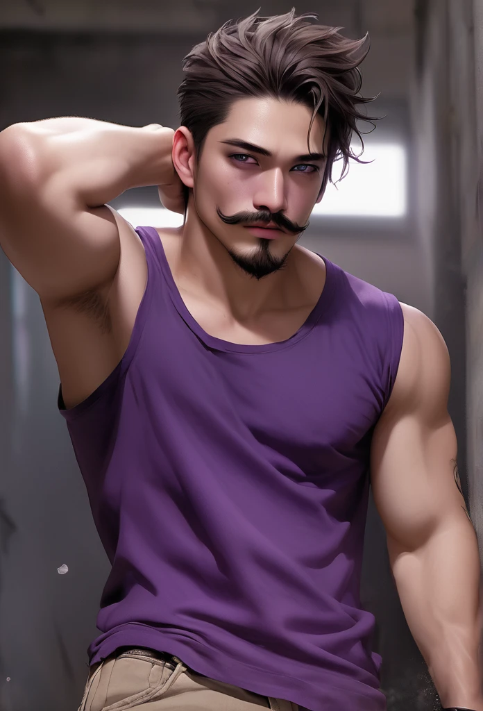  Skin color: offwhite
 muka: defined jaw, muka jovem. Bright purple right eye and scars like those on his hand. The region of this eye is also grayish.
 stubble with goatee and mustache, Wavy, neck-length brown hair with white streaks in the part where there are scars
 cos: Scrawny, slightly defined. 1,83m high.
grayish right arm up to forearm height with cracks exuding purple aura
Indeed, kor: 20 year
 Clothing from the day of the accident:
work boots, beige cargo pants, camiseta preta e máscara de pano no muka
scars on face and arm 