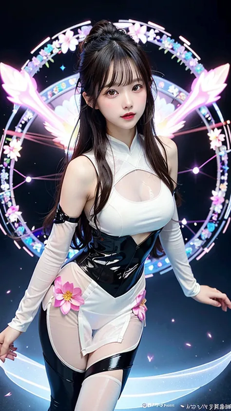 1 Asian woman, beauty，Surrealism,Modern designer clothing，Sexy transparent tights，Breasts covered in holographic color，transpare...