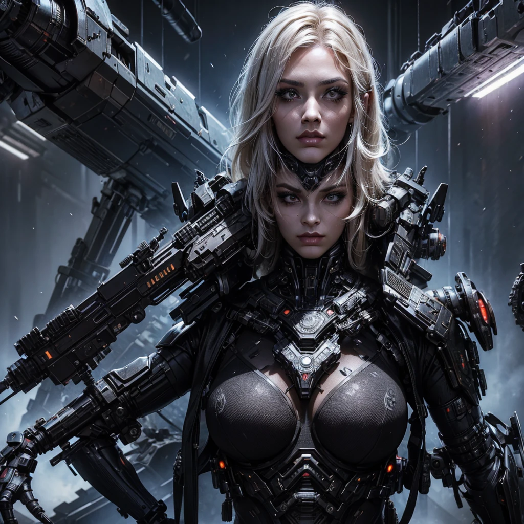 A realistic and detailed woman in a gothic futuristic military uniform, commanding soldiers and surreal creatures on a battlefield, beautiful detailed eyes,beautiful detailed lips,extremely detailed eyes and face,long eyelashes,cyberpunk military uniform,intricate mechanical parts,mythological creatures,advanced technology,glowing military insignia,dynamic poses,cinematic lighting,vibrant colors,sci-fi atmosphere,masterpiece,hyper detailed,photorealistic,8k