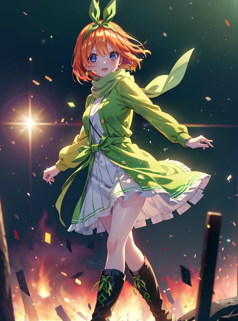 Yotsubanakano, Yotsuba Nakano, bangs, short hair, blue eyes, Hair between the eyes, hair ribbon, hair band, Orange Hair, (Green ribbon:1.5), smile,Green long coat,sweater,White scarf,Long skirt,Black pantyhose,short boots,It&#39;s snowing,Snow is piled up,Walking,whole bodyがイラストに入るように,night,
break ourdoors, In town,
break looking at viewer, whole body,
break (masterpiece:1.2), Highest quality, High resolution, unity 8k wallpaper, (figure:0.8), (Beautiful attention to detail:1.6), Highly detailed face, Perfect lighting, Highly detailed CG, (Perfect hands, Perfect Anatomy),