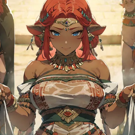 ((Highest quality)), ((masterpiece)), (detailed), （Perfect Face）、The woman is Queen Zelda of the Gerudo tribe, with red hair, bl...