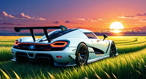 anime landscape of a pearl super polar white color koenigsegg jesko absolute sits in a field of tall grass with a sunset in the ...