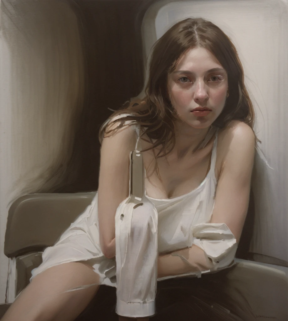 Pintura a óleo de uma mulher elegante e esguia sentada num carro de Metro ((SÓ UMA MULHER)) ((mulher vestida de branco)) visão moderna dress, cabelo castanho, visão moderna, fundo branco atual, Nick Alm, Direção: Andrea Pozzo, Jeremy Lipking, faixa murata Jeremy Lipking, por Carlo Mense, inspirado em Enrique Simonet, Sargento Marshénnikov, Direção: Michael Ford, Krenz Cushart, Jeremy Lipking foto completa, por Josep Rovira Soler