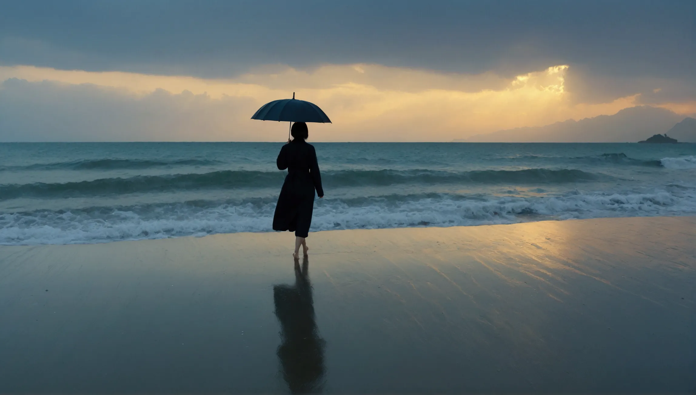 8k, vivid picture quality, vivid picture quality, long deserted beach, woman with short and medium hair walking slowly in the di...