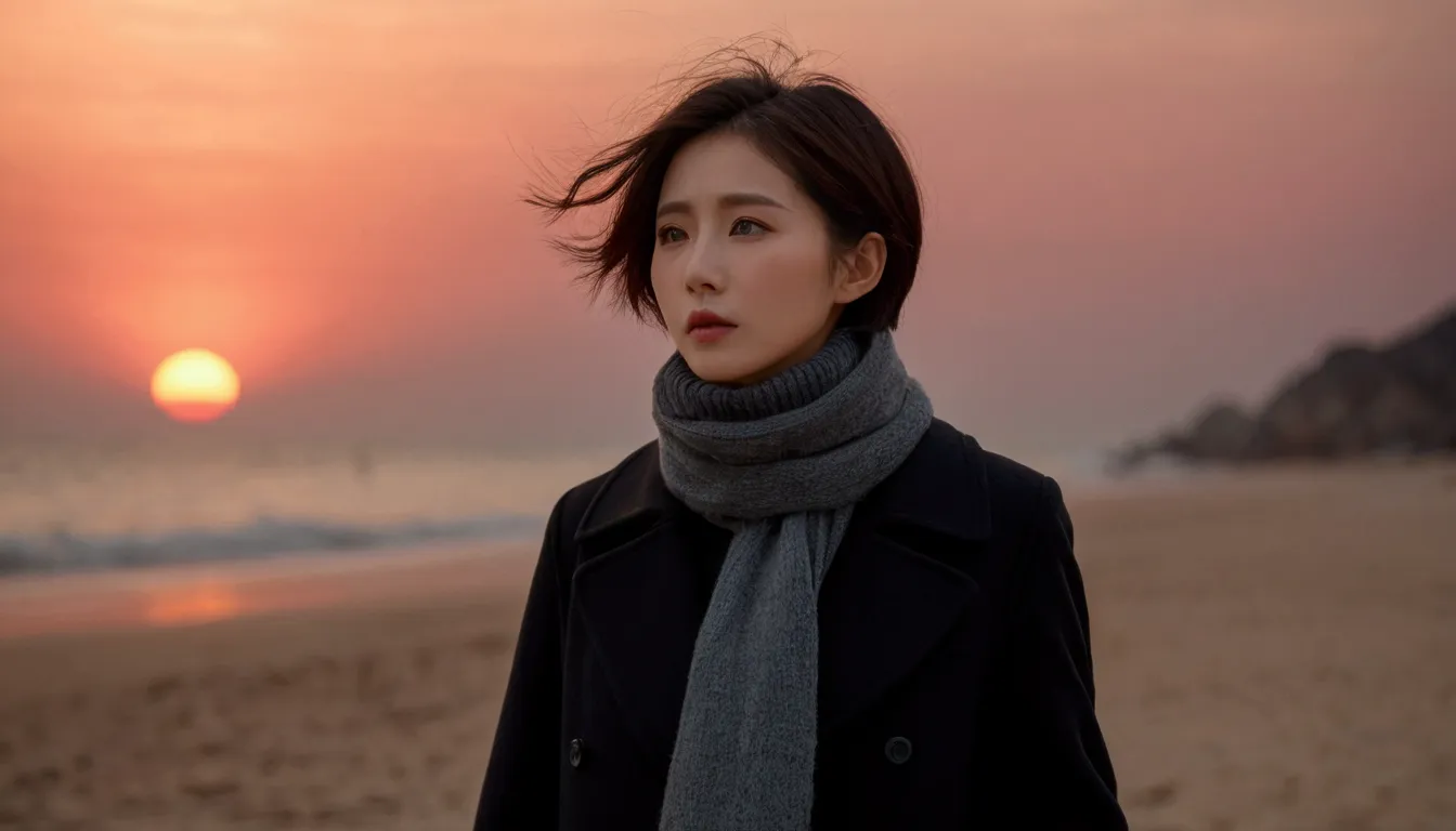8K, 超high resolution, best quality, masterpiece, 1 woman, (36 years old:1.3), Korean woman,(wearing a long winter coat and scarf、turtleneck, Thin black double sided updo :1.5)、(The woman turned around with a very sad expression., 겨울 해변에서 바람에 휘날리는 short med...