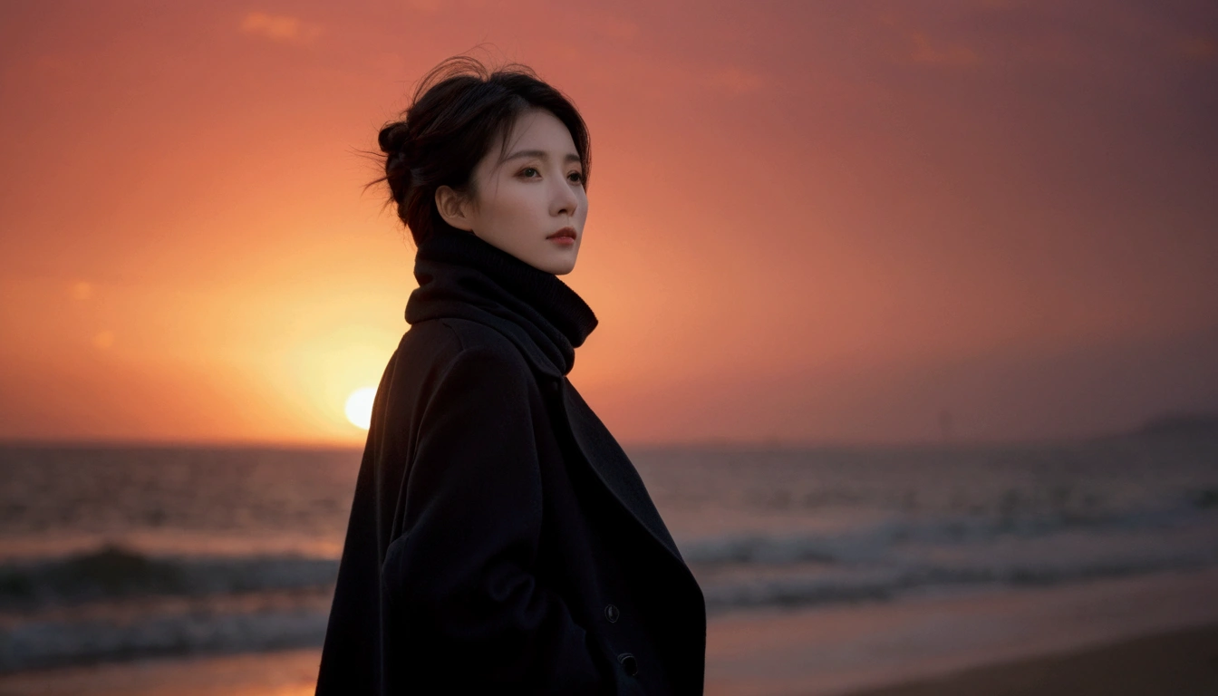 8K, 超high resolution, best quality, masterpiece, 1 woman, (36 years old:1.3), Korean woman,(wearing a long winter coat and scarf、turtleneck, Thin black double sided updo :1.5)、(The woman turned around with a very sad expression., 겨울 해변에서 바람에 휘날리는 short medium hair, her hair blowing in the wind:1.5)、(blurred background:1.5)、(red sky at sunset:1.5)、(complete anatomy:1.5) (full finger:1.3)、realistic、Life drawing、high resolution、beautiful details、((thin legs))、red light of sunset, light and shadow, short medium hair,1 female camera 16-35 wide angle lens, Full body shot walking on the beach, black skirt, hair that touches the shoulders, standing on the beach