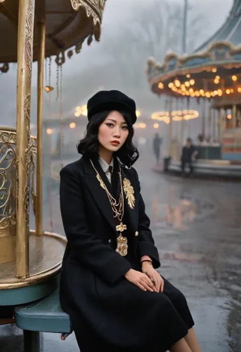 A young japanese supermodel woman, her wavy black hair and black eyes sitting before the vintage swinger in an old amusement par...