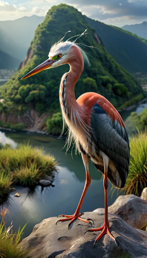 Panoramic front view，There is a creature on the mountain，three legs，human face，White hair，The body of the red-headed heron(best ...