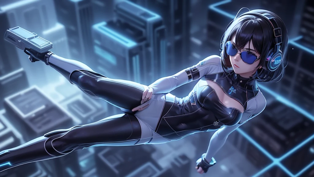 ((An aerial view of a futuristic megalopolis at dark night)), with skyscrapers reaching the clouds and flying cars driving through aerial highways. (1girl, solo, alone, photorealistic), medium-breast:1.1 slim body, cleavage, sexy clothes, (headphone, black sunglasses, medium black hair), (hip-up standing and holding pistol pose), (((half-body thigh level medium shot))), cinematic lighting, lens flare, ray tracing.