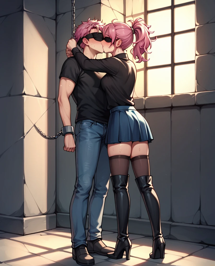 score_9, score_8_up, score_7_up, score_6_up, score_5_up, score_4_up, source_anime, 1girl, bdsm, worth, pink hair, ponytail, blindfold, kissing, w-w-chain, shackles, raise arms, messy hair, sweaty shirt, skirt, black thigh boots, night, the solution, dungeon, best quality, best res, 4K UHD,
 1guy, jacket, black shirt, jeans, kissing girl