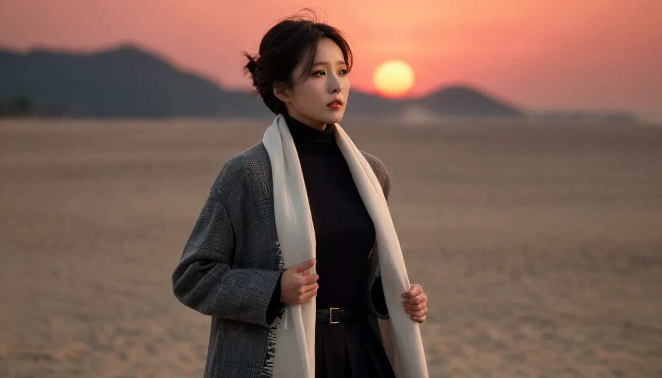 8k, 超high resolution, best quality, masterpiece, 1 woman, (36 years old:1.3), korean woman,(wearing a long winter coat and scarf...